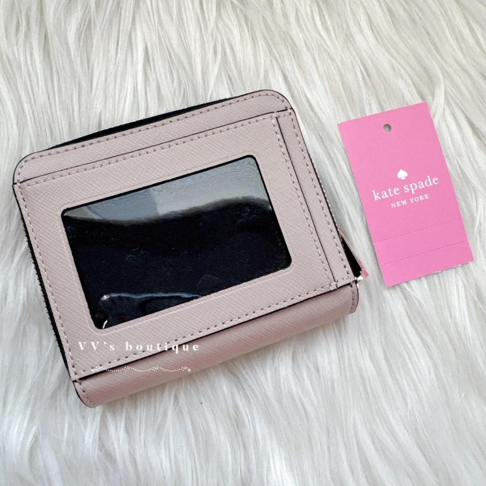 NWT Kate Spade Staci Small Zip Around Leather Wallet Warm Beige Black WLR00636 - Picture 2 of 5